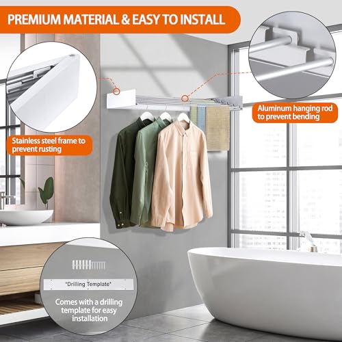 FOCHIER F Laundry Drying Rack Wall Mounted Clothes Drying Rack Collapsible with 5 Aluminum Rods and Drilling Template Long Screwdriver Bit 60 lbs Capacity (White, 40") - color: White, size: 40"