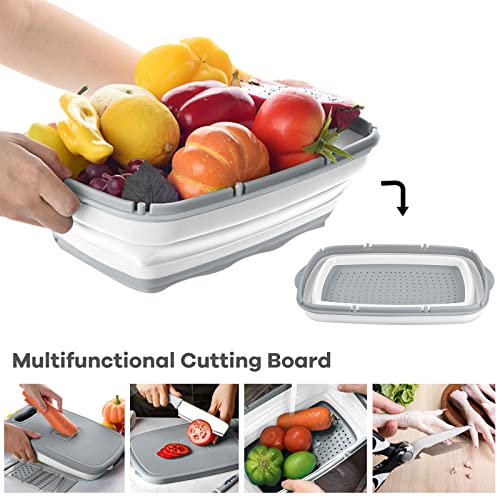 HI NINGER Collapsible Cutting Board with Colander, 9-In-1 Multi Chopping Board Kitchen Vegetable Washing Basket for Camping Gifts Camping Accessories for RV Campers - color: Gray