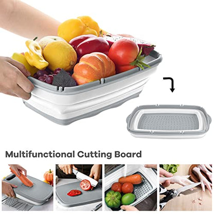 HI NINGER Collapsible Cutting Board with Colander, 9-In-1 Multi Chopping Board Kitchen Vegetable Washing Basket for Camping Gifts Camping Accessories for RV Campers - color: Gray