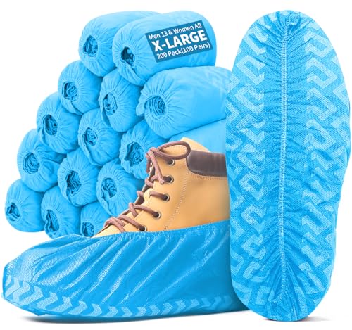 X-Large Shoe Covers Disposable Non-Slip, Non-Woven Fabric Boot Covers, Stretchable Fits Up to Size 13 US Men (Blue, 200 Pack) - color: Blue, size: 200 Pack