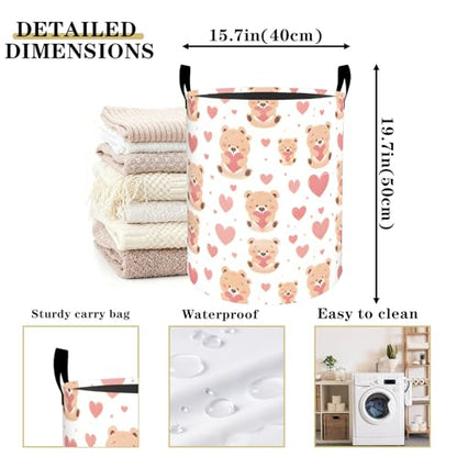 Cute Teddy Bear Heart Laundry Basket Hamper for Boys Girls Kids Adults, Foldable Waterproof Oxford Clothes Storage Bin, Bear Heart Organizer for Bedroom Bathroom Room Decor 19.7"x15.7" - style: Teddy Bear