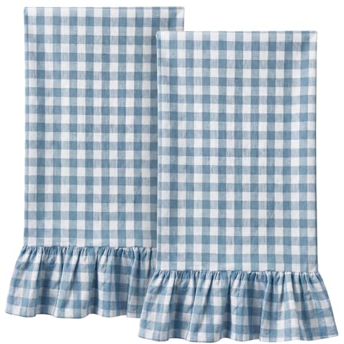 HunnmingRe 2 Pcs Dusty Blue Gingham Kitchen Towels Cotton Ruffle Dish Towel - color: Dusty Blue, style: Gingham