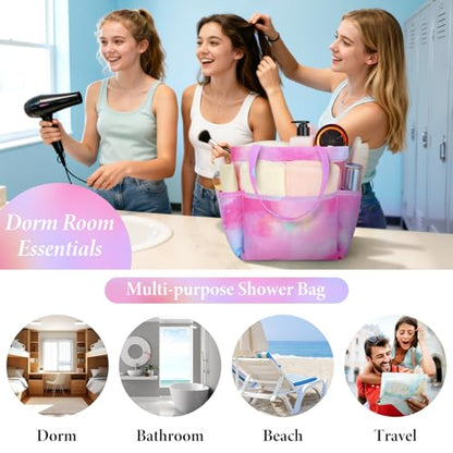 Mesh Shower Caddy Portable - 9 Pockets, Shower Bag for Dorm Room Camping - color: gradient pink