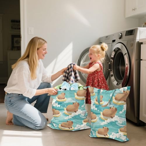 Travel Laundry Bags 2 PC Wet Dry Bag with Handle Dirty Clothes Organizer for Swimsuits Beach Camping Waterproof Washable Blue Capybaras on Duck Floats - color: Blue Capybaras on Duck Floats