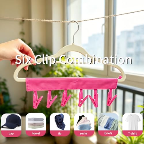 Mini Clothespins Travel Hangers 3-Pack Rose Red, Foldable Portable Clothes Hangers with 6 Non-Slip Clips for Socks Swimsuit Towel Drying Rack, Cruise Dorm Camping Travel Essentials - color: 3-rose Red
