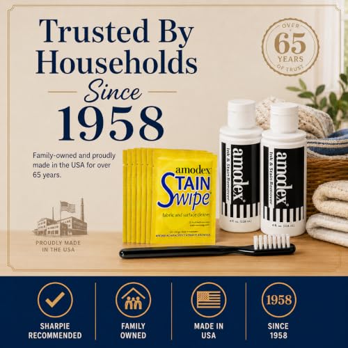 Amodex Ink & Stain Remover Arsenal, Safe and Effective on Clothes, Leather and Skin, Full Set for all your Stain Removal Needs, Includes 2 Bottles, 1 Brush, 10 Wipes - style: Stain Remover Arsenal Kit