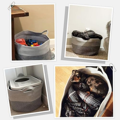 INDRESSME XXXLarge Woven Rope Blanket Basket Living Room Grey, 90L - color: Light & Dark Grey, size: 21.7"D x 13.8"H
