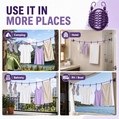 Portable Clothesline with 12 Clips, Stretch Travel Drying Rope with Stainless Steel Hooks for Camping Indoor Use.(Purple) - color: Purple