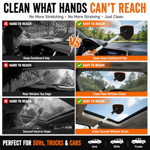 XINDELL Interior Windshield Cleaner Tool, Extendable Car Window Cleaning Kit with 360° Rotating Head