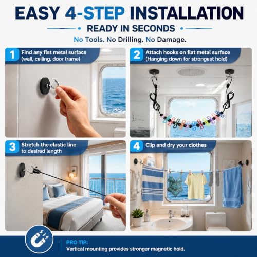 Magnetic Clothesline for Cruise Ship Cabin Approved, Strong Rubber Coated Non-Scratch Magnets, Travel Clothesline for Cruise Ship Essentials 2025