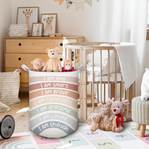 Boho Rainbow Laundry Basket, Positive Affirmations Inspirational Waterproof Collapsible Laundry Hamper Dirty Clothes Storage Toy Bin Organizer for Kids Room College Dorm Bedroom Bathroom