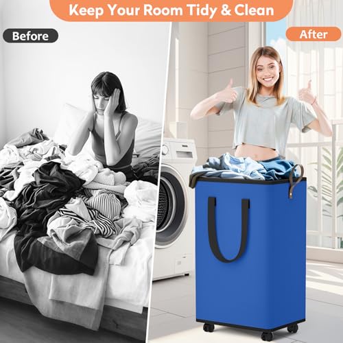 SpaceTrove Rolling Laundry Basket with Wheels, Laundry Hamper, 100L, Blue - color: Blue, size: 100L