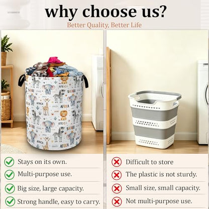 Cute African Animals Laundry Basket with Waterproof Coating, Collapsible Clothes Hamper, Large Storage Bin with Handles for Bedroom Bathroom Laundry Room - color: Cute African Animals
