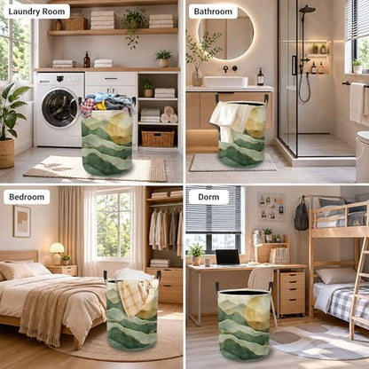 Laundry Hamper, Green Mountains Collapsible Golden Sun Laundry Baskets Waterproof Oxford Cloth With Handles, Clothes Storage Bucket For Bathroom/Bedroom 16" x 20.8" - color: Green Mountains
