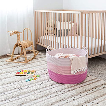 OrganiHaus Round Toy Basket & Blanket Basket, Cotton Rope 20x13" - color: 3-toned Pink, size: Wide