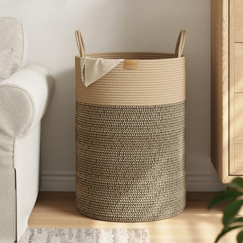 Nunsino Tall Laundry Basket Hamper 95L,Cotton Rope Storage Hamper with Reinforced Handles,Decorative Blanket & Toy Basket for Living Room, Bedroom, Nursery, Dark Brown - color: Dark&Brown, size: 95L/25.1Gal