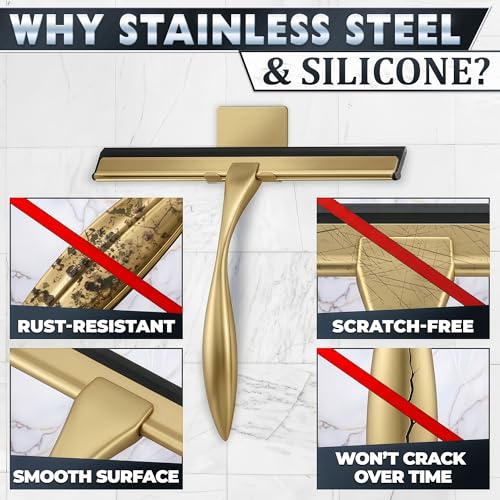 Gold Squeegee for Shower Glass, 10" Silicone Blade, Stainless Steel - color: Gold, size: 10 Inch
