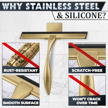 Gold Squeegee for Shower Glass, 10" Silicone Blade, Stainless Steel - color: Gold, size: 10 Inch