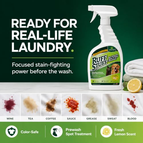 RUFF STUFF Max-Strength Bioenzyme Cleaner, Pet Stain & Odor Eliminator, Laundry Stain Remover Spray for Clothes, Dog Urine Carpet & Upholstery Cleaner, Lemon Scent, 32 Fl Oz