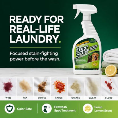 RUFF STUFF Max-Strength Bioenzyme Cleaner, Pet Stain & Odor Eliminator, Laundry Stain Remover Spray for Clothes, Dog Urine Carpet & Upholstery Cleaner, Lemon Scent, 32 Fl Oz