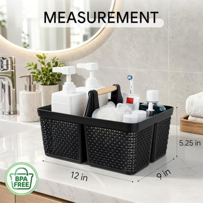 UUJOLY Portable Plastic Shower Caddy Basket with Wooden Handle, Black - color: Black