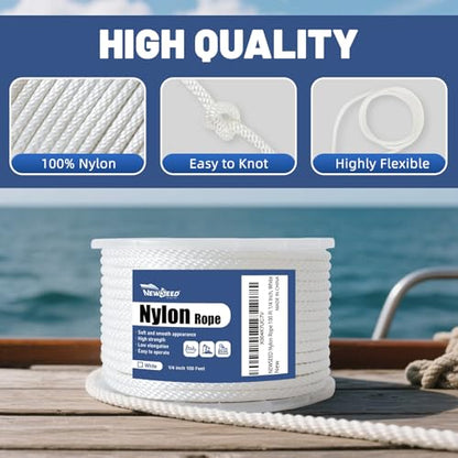NEWSEED 100 Ft 1/4 Inch Nylon Rope Heavy Duty Utility Rope (White) - size: 1/4 In x 100FT, style: White