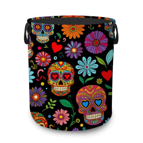 Sugar Skull Floral Collapsible Laundry Hamper,Halloween Day Of Dead Waterproof Oxford Cloth Clothes Basket with Handles for Bathroom Bedroom Nursery Dorm Room,16" x 20" - color: Sugar Skull Floral,Halloween Day Of Dead