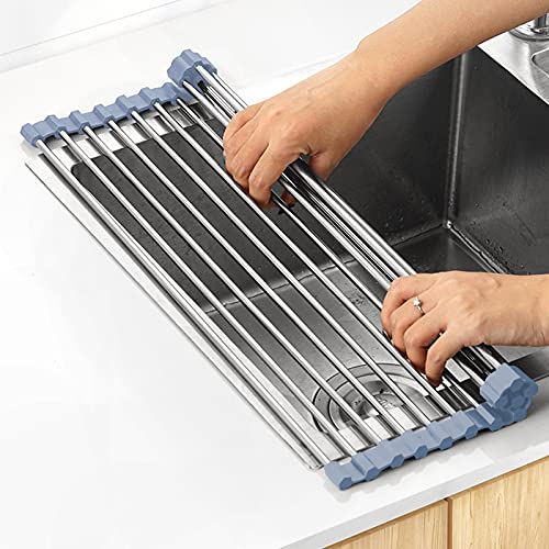 MECHEER Over The Sink Dish Drying Rack, Roll Up Dish Drying Rack Kitchen Dish Rack Stainless Steel Sink Drying Rack, Foldable Dish Drainer, Gray (20.4''x13.7'') - size: 20.4''x13.7''