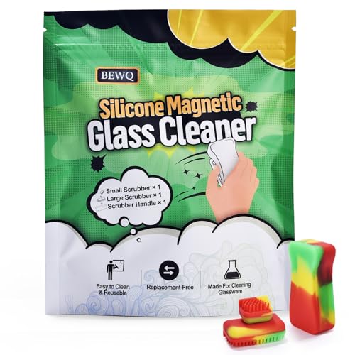 Magnetic Glass Cleaner Kit, Dual Silicone Scrubbers with Handle, Red - color: Red