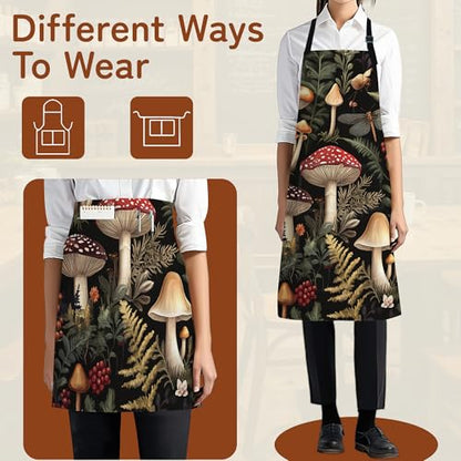 Cooking Aprons for Men and Women,Adjustable Bib Chef Apron with 2 Pockets, Soft and Durability Kitchen Apron - color: Mushroom Berry Dragonfly Forest