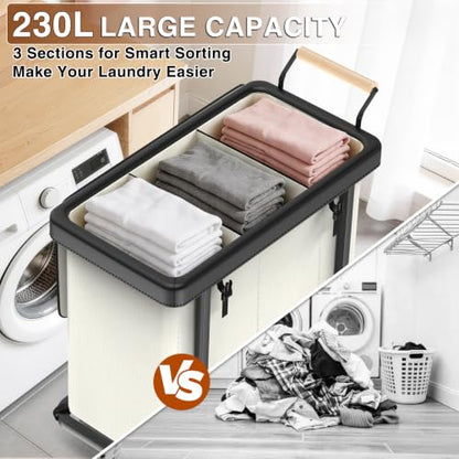 Rolling Laundry Hamper with Wheels,Laundry Hamper 3 Section with Lid Beige - color: Beige-3 Section, size: 3 Section