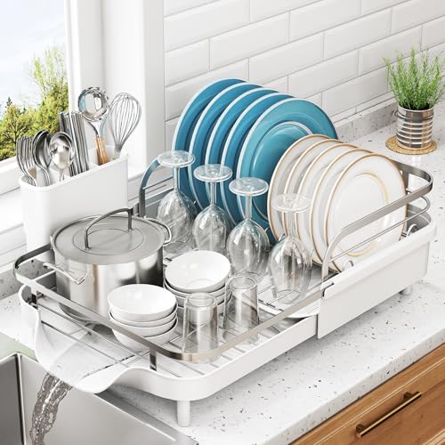 SNTD Expandable Dish Drying Rack for Kitchen Counter, 15.2-22.1 in, White - color: White