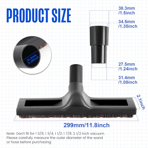 12" Universal Vacuum Cleaner Floor Brush Attachments 1 1/4 inch(32mm) for Shark Vacuum Brush Attachments,360° Swivel Hardwood Brush & Adapter with Horse Hair Attachments for Shark Vacuums Accessories