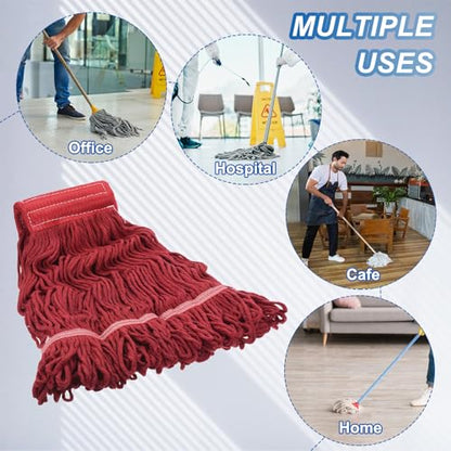 uxcell 6Pcs Commercial Mop Head Replacement, Cotton String Mop Head, Wet Cleaning Mop Head Refills for Home, Industrial Commercial Use, Red - color: Red
