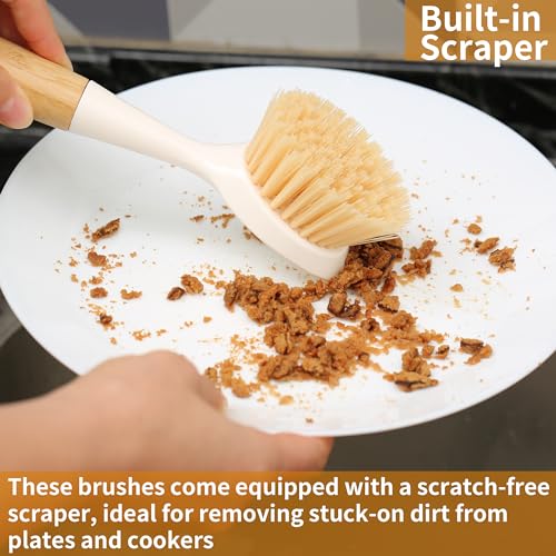 2 Pack Kitchen Dish Brush Bamboo Handle Dish Scrubber Built-in Scraper - style: White