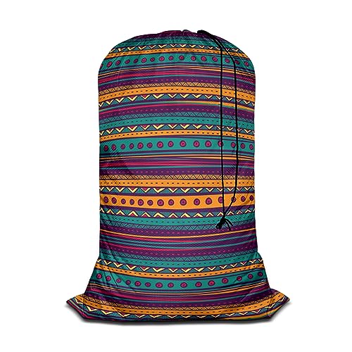 Swono Mexican Texture Heavy Duty Laundry Drawstring Bag with Strap, Indian Style Hand Drawn Abstract Backdrop 28 x 40 Inches Travel Dirty Clothes Bag for Laundromat and Household - color: Mexican Texture