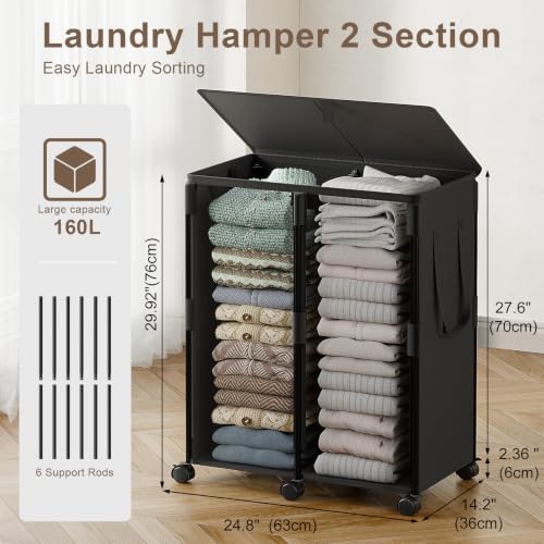 160L Double Laundry Hamper with Lid and 6 Wheels, Rolling Laundry Basket - color: Black, size: 160L(24.8"L x 14.2"W x 29.92"H)