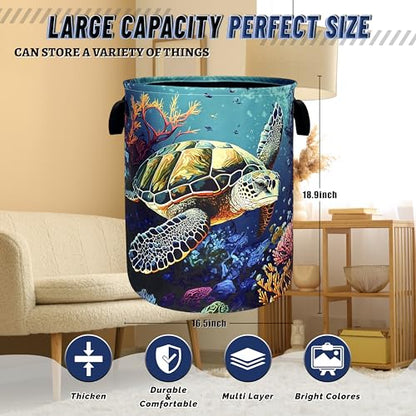 Sea Turtle Laundry Basket Oxford Cloth Foldable Hamper 18.9x16.5 Inch - color: Ocean Animal Colorful Sea Turtle