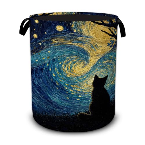 Starry Night Laundry Basket,Cat Large Collapsible Portable Round Laundry Hamper with Handles,Oxford Storage Bin for Clothes,Blankets, Bedroom,Bathroom - color: Starry Night Cat