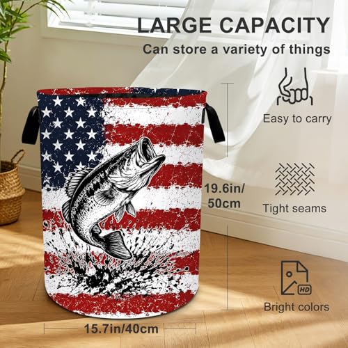 Fish Bass Laundry Basket Collapsible Oxford Laundry Hamper Clothes Storage Bin with Handles for Bedroom Bathroom Laundry Room 19.6 x 15.7 Inches - color: Fish Bass