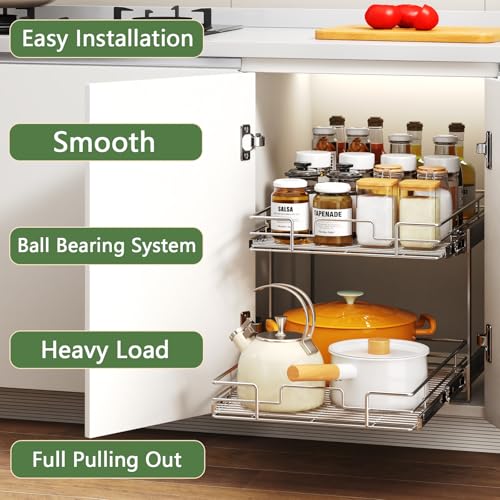 2 Tier Individual Pull Out Cabinet Organizer 22½" W x 21½" D, Heavy Duty Cabinet Pull Out Shelves, Slide Out Drawers Organization for Kitchen Cabinets Bathroom - color: 2 Tier, size: 22½"W x 21½"D