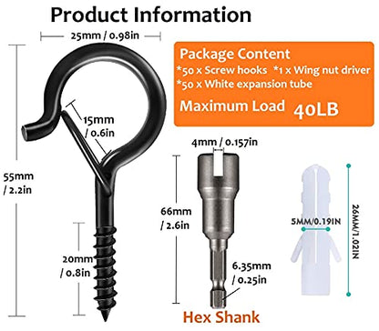 50 PCS Q-Hanger Screw Hooks with Safety Buckle Design Christmas Lights Hanger Hooks Outdoor Wire Fairy Lights and String Lights, Easy to Release, Include 1 Wing Nut Driver - size: Q-Hanger Black 50Pcs