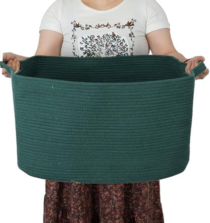 XUANGUO Large Woven Cotton Rope Blanket Basket 22"x17"x12" Dark Green - color: Dark green