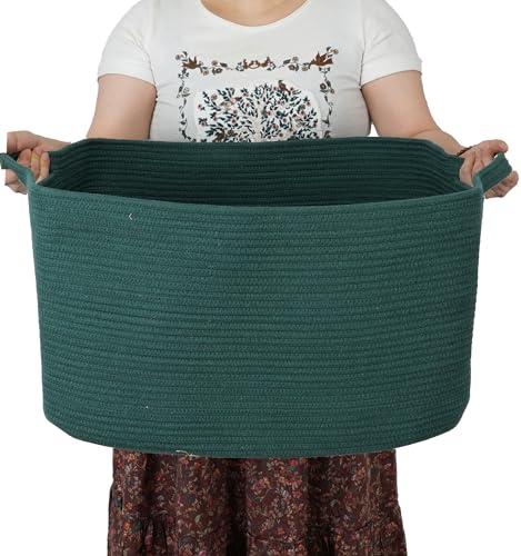 XUANGUO Large Woven Cotton Rope Blanket Basket 22"x17"x12" Dark Green - color: Dark green
