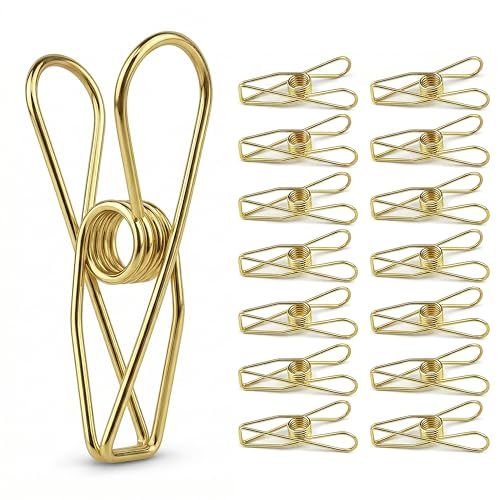14 PCS Stainless Steel Large Gold Clothes Pins, High Elasticity Strength Clothespins - Heavy Duty Multipurpose Metal Wire Chip Clips, 2.83 Inch for Laundry Home, Kitchen, Outdoor, Office - size: 2.83 Inch (7.2x1.8cm)-Gold-14 PCS