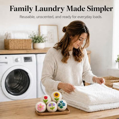 Wool Dryer Balls 6 Pack, New Zealand, Reusable Natural Fabric Softener - color: White-flower