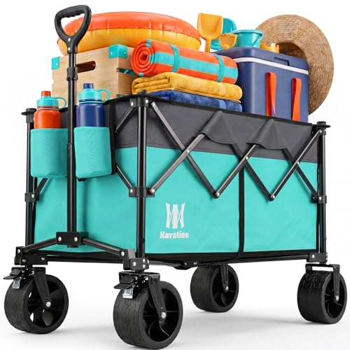 Navatiee 330Lbs Collapsible Folding Wagon, Beach Wagon Cart Heavy Duty Foldable with Big Wheels, Utility Grocery Wagon with 165L Large Capacity for Camping Garden Sports, Light Blue - color: Light Blue, size: 165L