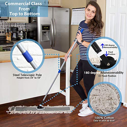 36" Industrial Cotton Floor Dust Mop with Adjustable Steel Handle - Commercial Mops for Hardwood, Tiles, Laminate, Vinyl, Garage epoxy, Bamboo Surface Cleaning and Flooring Push Dust Broom - size: 36 Inch (Pack of 1)