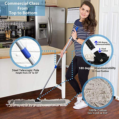 36" Industrial Cotton Floor Dust Mop with Adjustable Steel Handle - Commercial Mops for Hardwood, Tiles, Laminate, Vinyl, Garage epoxy, Bamboo Surface Cleaning and Flooring Push Dust Broom - size: 36 Inch (Pack of 1)