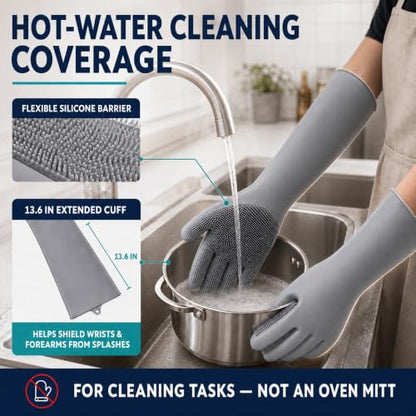 Silicone Dishwashing Gloves with Scrubber Bristles, Food-Grade Cleaning Mitts for Kitchen Dishes, Pet Grooming & Car Wash - color: Grey